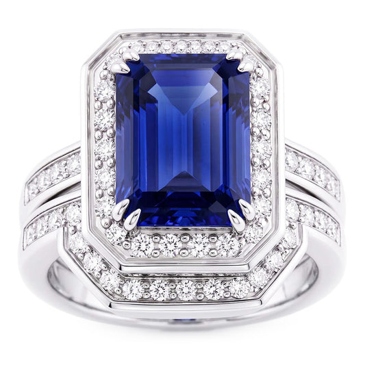 Alliance Halo émeraude Saphir sertie Or Blanc Diamants 4.50 Carats