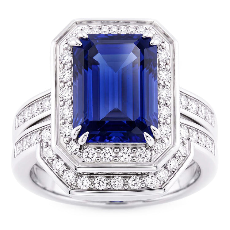 Alliance Halo émeraude Saphir sertie Or Blanc Diamants 4.50 Carats