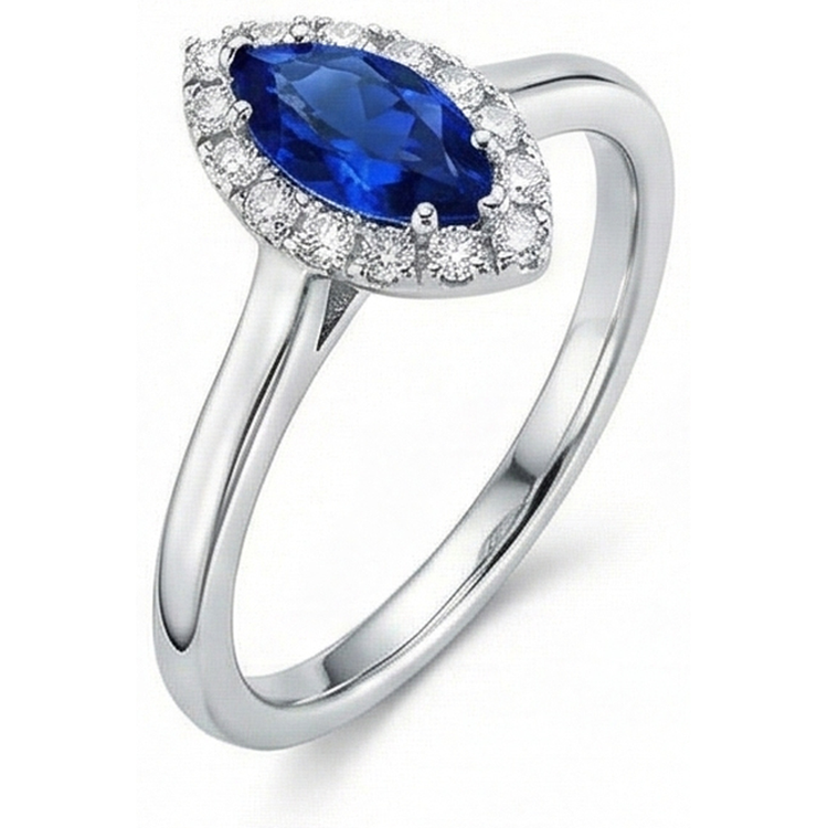 Alliance Marquise Ceylan Saphir Bleu Diamants Naturels Extraits des Mines ( et non cultivés en laboratoire ) Ronds 2 Ct Or