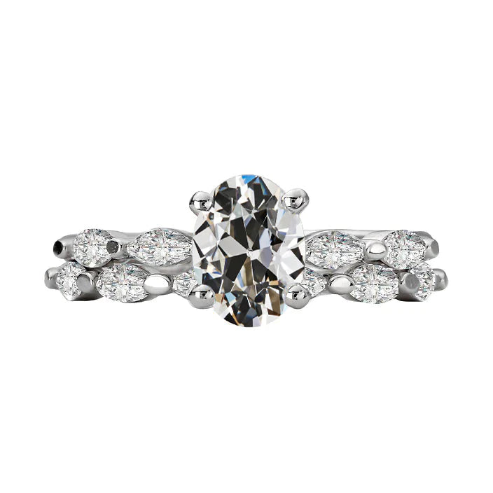 Alliance Marquise & Ovale Naturel Diamant Taille Ancienne Or 14K 5 Carats