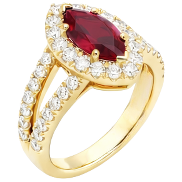 Alliance Marquise Rubis Rouge Et Diamants Naturels Extraits des Mines ( et non cultivés en laboratoire ) 3.25 Carats Or Jaune 14K