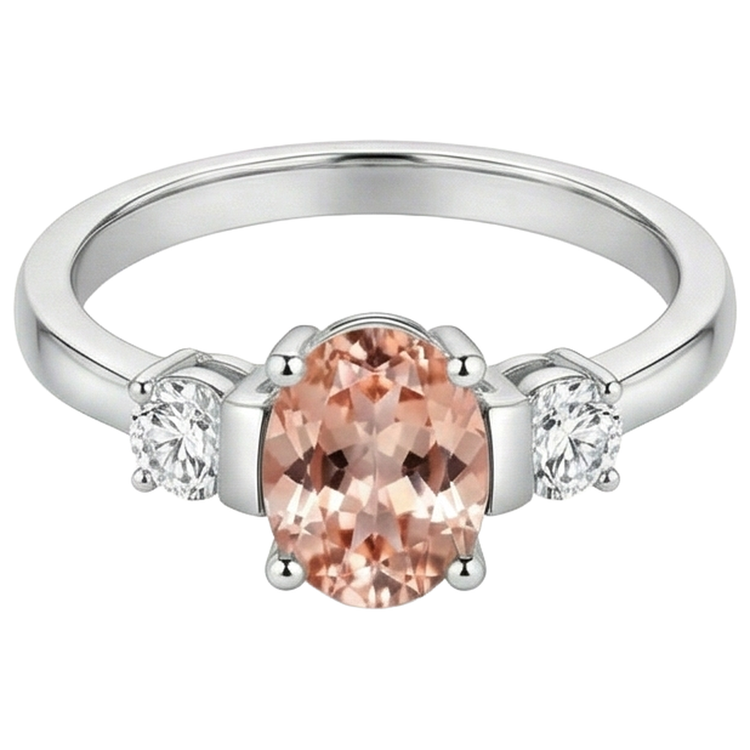 Alliance Morganite Et Diamants Naturels Extraits des Mines ( et non cultivés en laboratoire ) 9 Carats 3 Pierres Or Blanc 14K