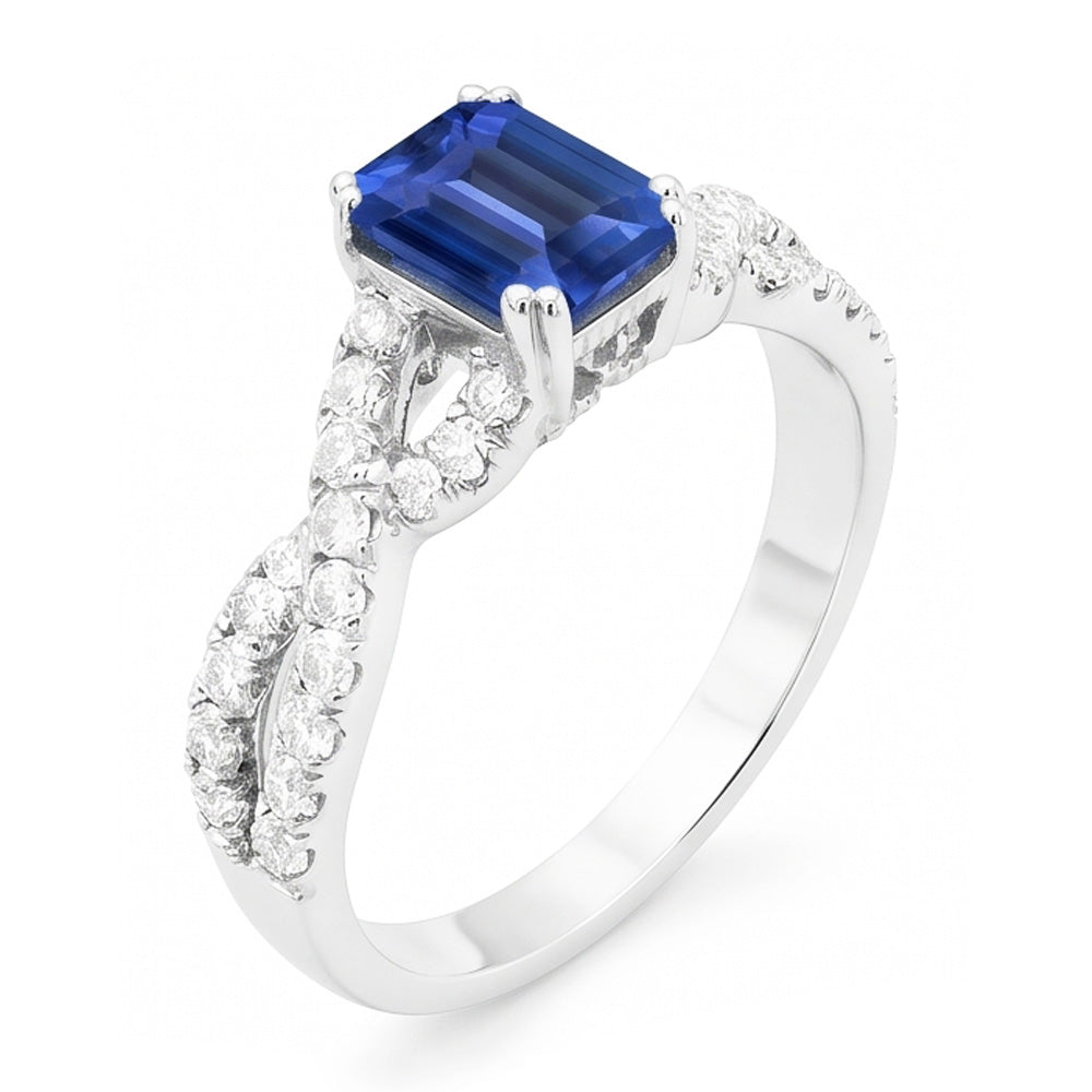 Alliance Or Diamant Taille Émeraude Saphir Bleu Pierre 3 Carats