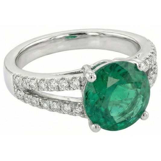 Alliance Ronde Émeraude Vert Avec Diamants Naturels Extraits des Mines ( et non cultivés en laboratoire ) 3.75 Carats Or Blanc 14K