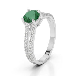 Alliance Ronde Émeraude Vert Avec Diamants 3.75 Carats Or Blanc 14K