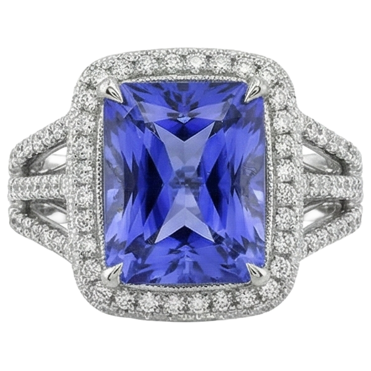 Alliance Tanzanite Sertie De Griffes Et Diamants Naturels Extraits des Mines ( et non cultivés en laboratoire ) 4.78 Carats Or Blanc