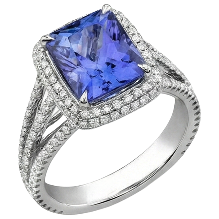 Alliance Tanzanite Sertie De Griffes Et Diamants Naturels Extraits des Mines ( et non cultivés en laboratoire ) 4.78 Carats Or Blanc