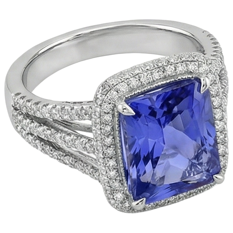 Alliance Tanzanite Sertie De Griffes Et Diamants Naturels Extraits des Mines ( et non cultivés en laboratoire ) 4.78 Carats Or Blanc