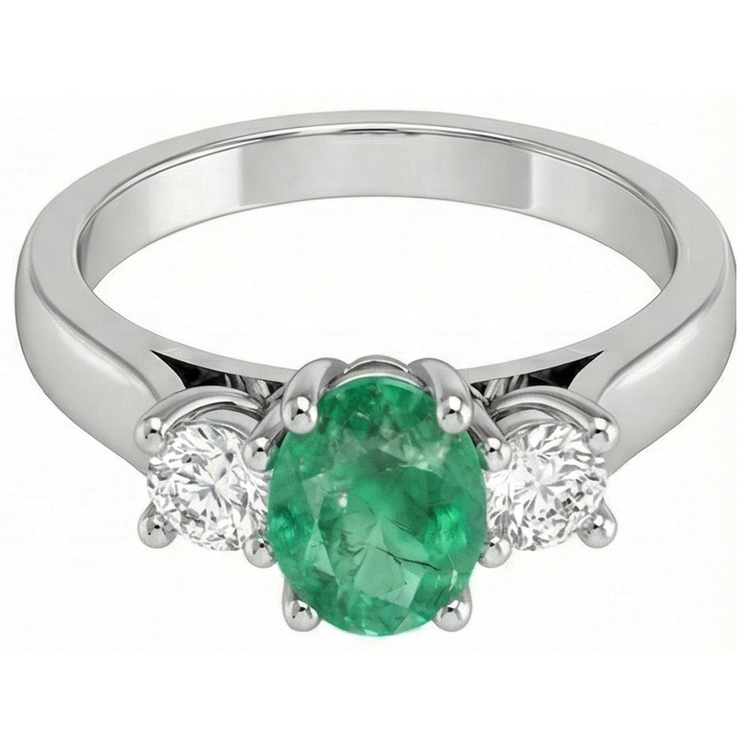 Alliance Trois Pierres 3.30 Carats Emeraude Vert Et Diamants Naturels Extraits des Mines ( et non cultivés en laboratoire ) Or 14K
