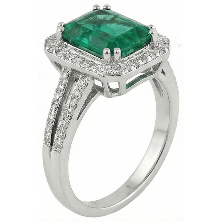 Alliance Verte Émeraude Avec Diamant Naturels Extraits des Mines ( et non cultivés en laboratoire ) Or Blanc 14K 8 Carats