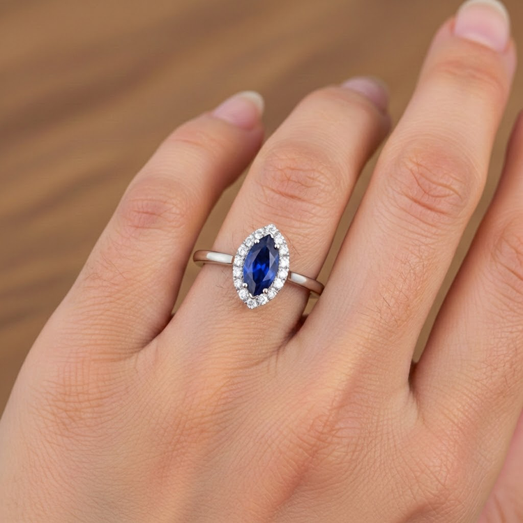 Alliance Marquise Ceylan Saphir Bleu Diamants Naturels Extraits des Mines ( et non cultivés en laboratoire ) Ronds 2 Ct Or