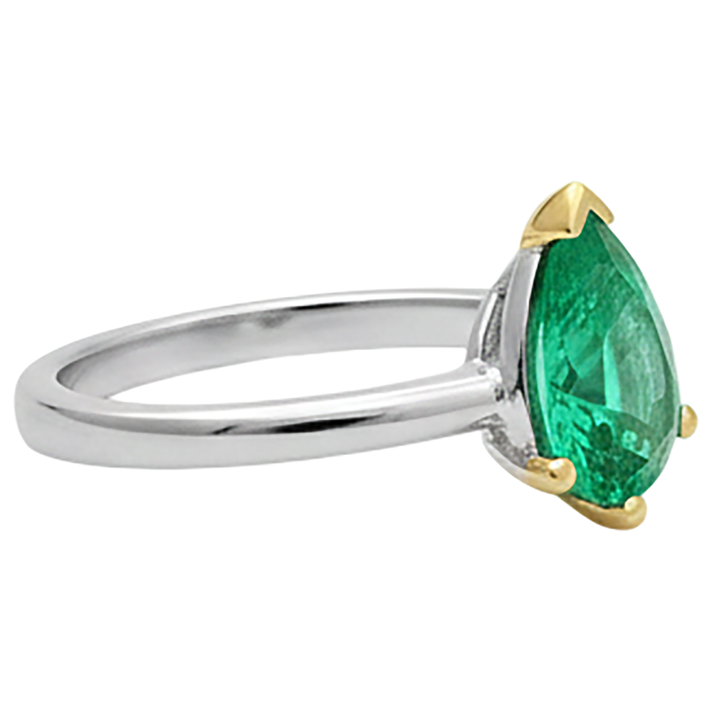 Émeraude Fine Taille Poire Bague Pierre de Couleur en Or Deux Tons 14 Carats – vue de profil