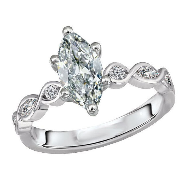 Diamant Fin Taille Marquise Bague Solitaire avec Accents en Or Blanc 14 Carats – vue principale