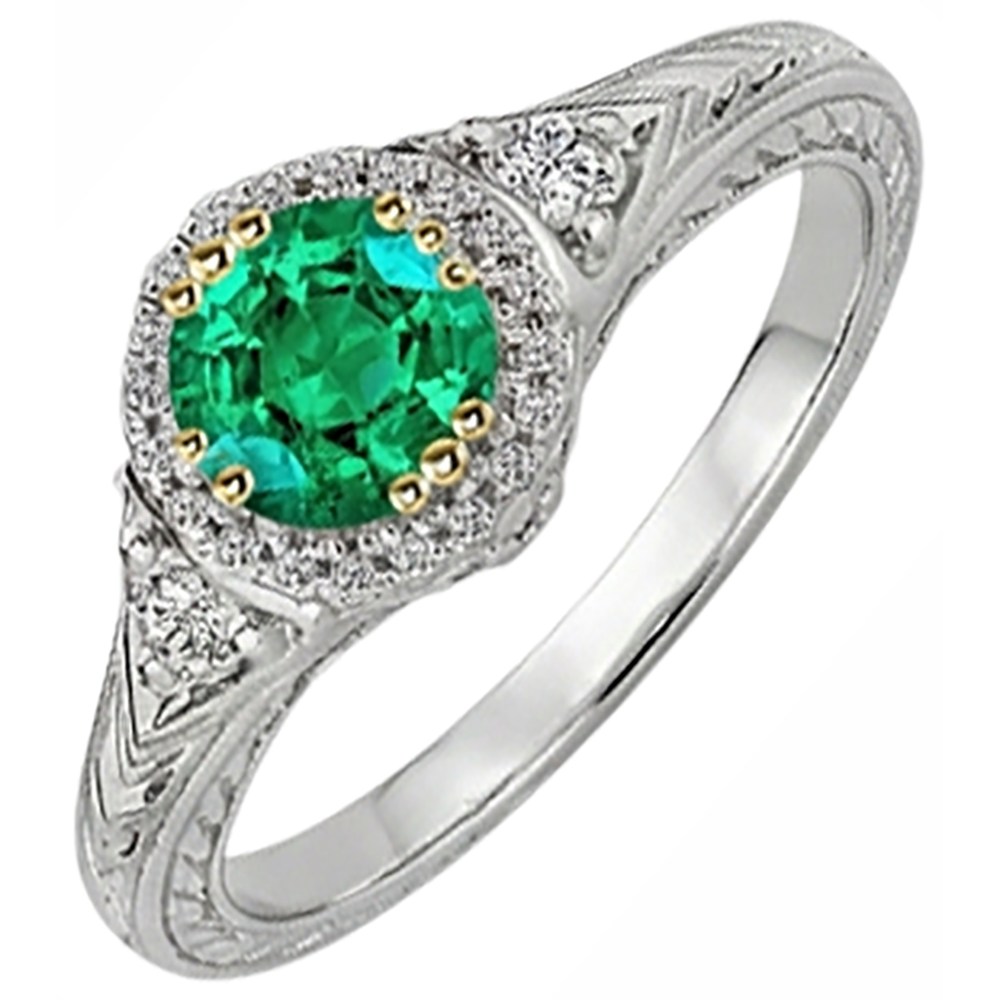 Émeraude Fine Taille Ronde Bague Pierre Précieuse en Or 14K Bicolore – vue de face