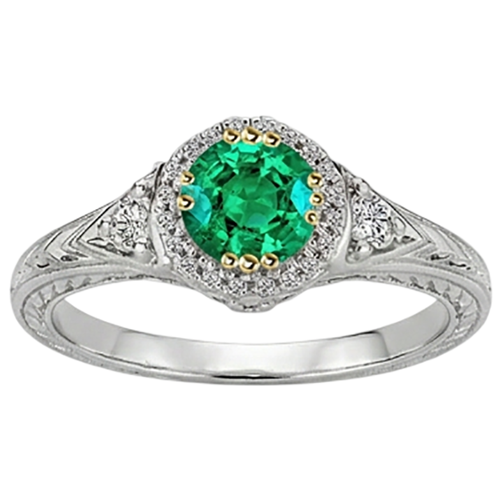 Taille Ronde Émeraude Fine bague en Or 14K Bicolore – vue d'angle