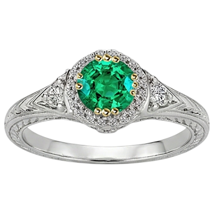 Taille Ronde Émeraude Fine bague en Or 14K Bicolore – vue d'angle