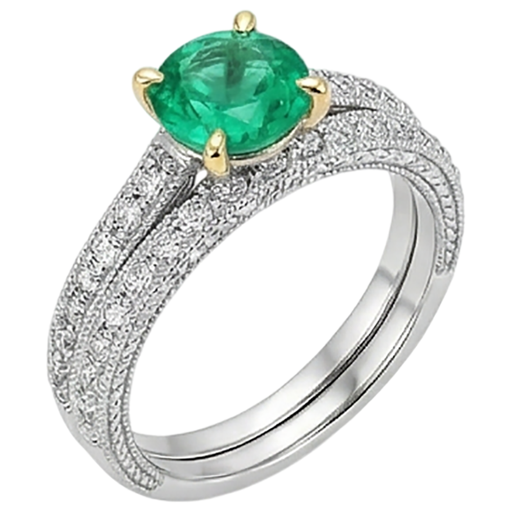 Bague Pierre de Couleur Or 14K Bicolore avec Émeraude Colombienne – vue de côté
