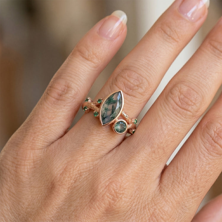 Artisanal Moss Agate Bague avec Gemme 1,50 carats