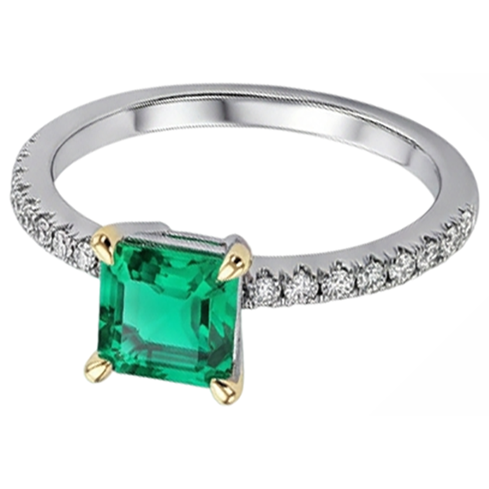Émeraude Fine Taille Asscher Bague Pierre de Couleur en Or 14K Bicolore – vue d'angle