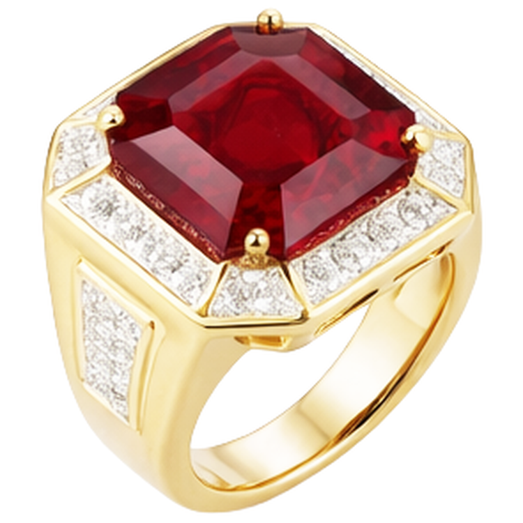 Asscher Rouge Bague Rubis Homme Avec Diamant Naturels Extraits des Mines ( et non cultivés en laboratoire ) 11 Carats Or Jaune 14K