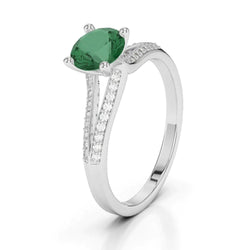 Bague 3 Carats Pierres Précieuses Rondes Émeraude Vert & Diamants Or Blanc