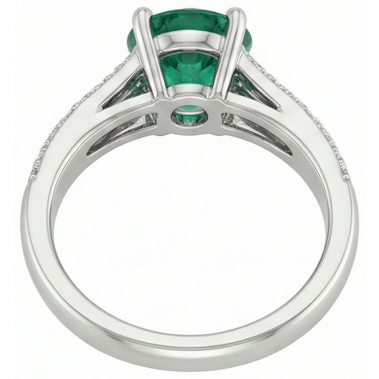 Bague 3 Carats Pierres Précieuses Rondes Émeraude Vert & Diamants Naturels Extraits des Mines ( et non cultivés en laboratoire ) Or Blanc
