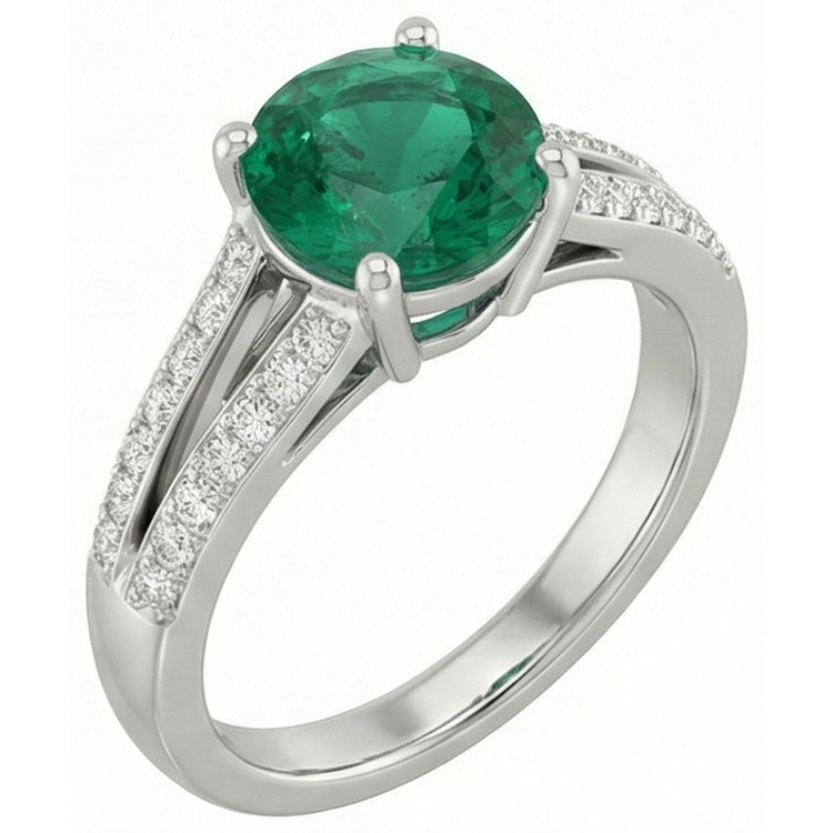 Bague 3 Carats Pierres Précieuses Rondes Émeraude Vert & Diamants Naturels Extraits des Mines ( et non cultivés en laboratoire ) Or Blanc