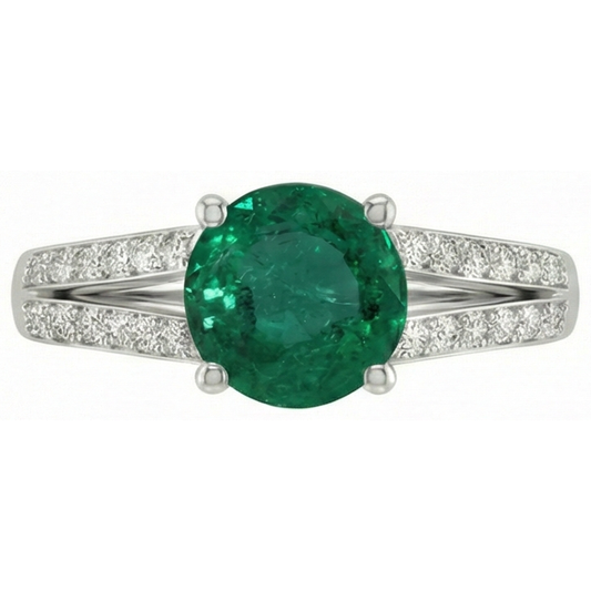 Bague 3 Carats Pierres Précieuses Rondes Émeraude Vert & Diamants Naturels Extraits des Mines ( et non cultivés en laboratoire ) Or Blanc