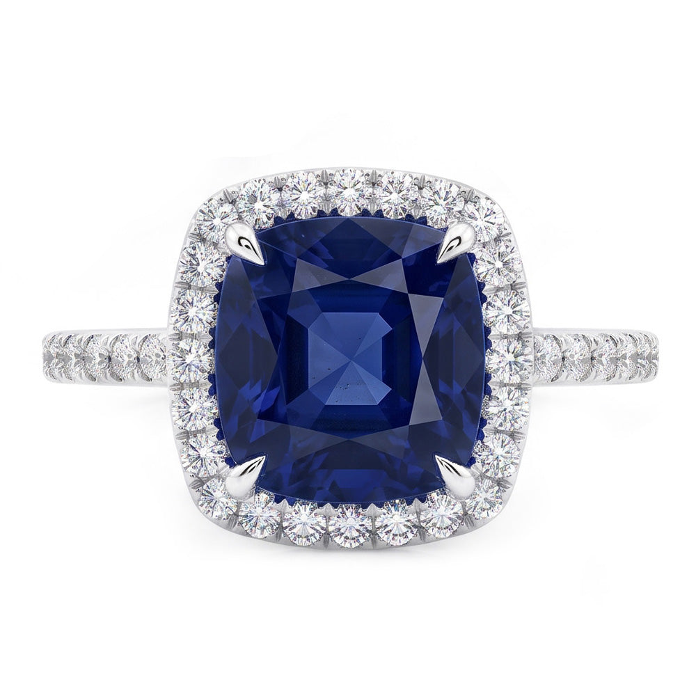Bague 3 Ct Coussin Sri Lanka Saphir Bleu Et Halo Diamant Naturels Extraits des Mines ( et non cultivés en laboratoire )