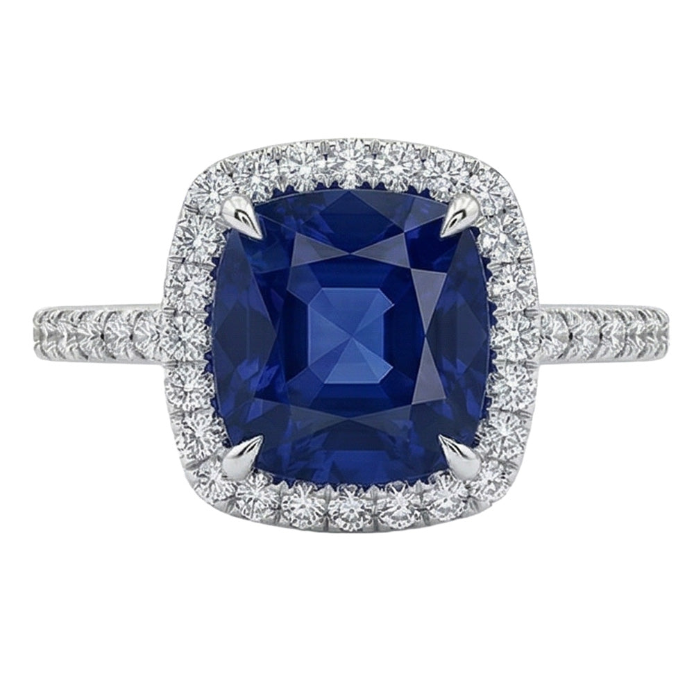 Bague 3 Ct Coussin Sri Lanka Saphir Bleu Et Halo Diamant Naturels Extraits des Mines ( et non cultivés en laboratoire )