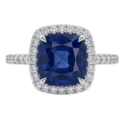 Bague 3 Ct Coussin Sri Lanka Saphir Bleu Et Halo Diamant Naturels Extraits des Mines ( et non cultivés en laboratoire )