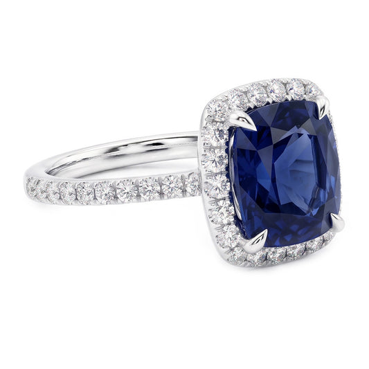 Bague 3 Ct Coussin Sri Lanka Saphir Bleu Et Halo Diamant Naturels Extraits des Mines ( et non cultivés en laboratoire )