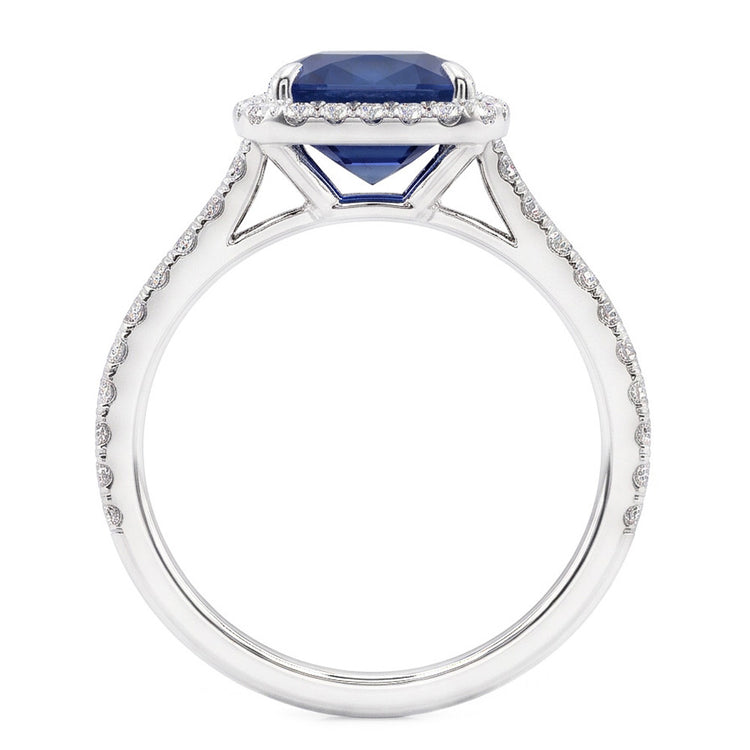 Bague 3 Ct Coussin Sri Lanka Saphir Bleu Et Halo Diamant Naturels Extraits des Mines ( et non cultivés en laboratoire )