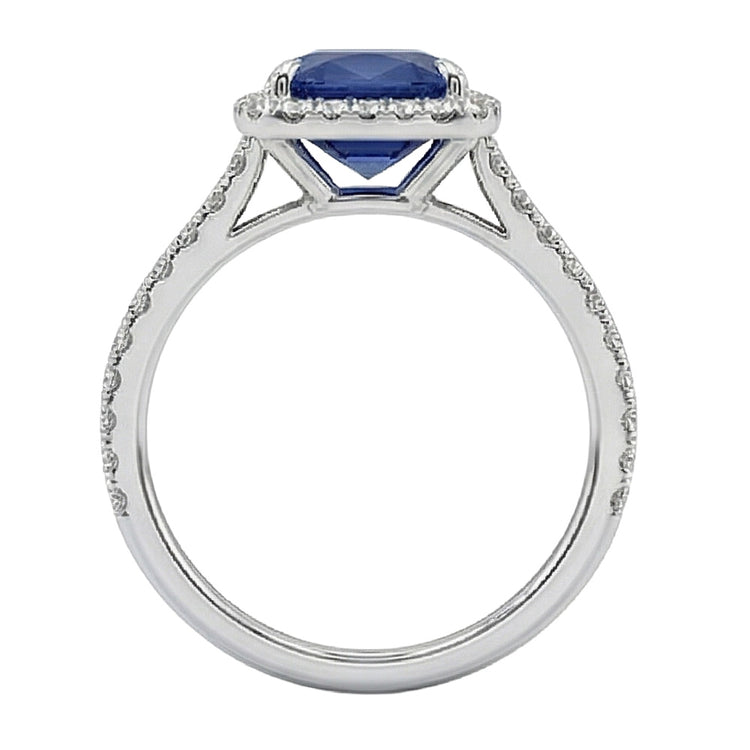 Bague 3 Ct Coussin Sri Lanka Saphir Bleu Et Halo Diamant Naturels Extraits des Mines ( et non cultivés en laboratoire )