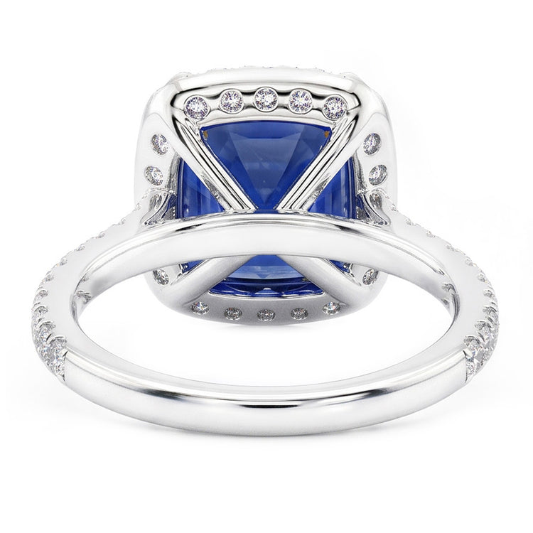 Bague 3 Ct Coussin Sri Lanka Saphir Bleu Et Halo Diamant Naturels Extraits des Mines ( et non cultivés en laboratoire )