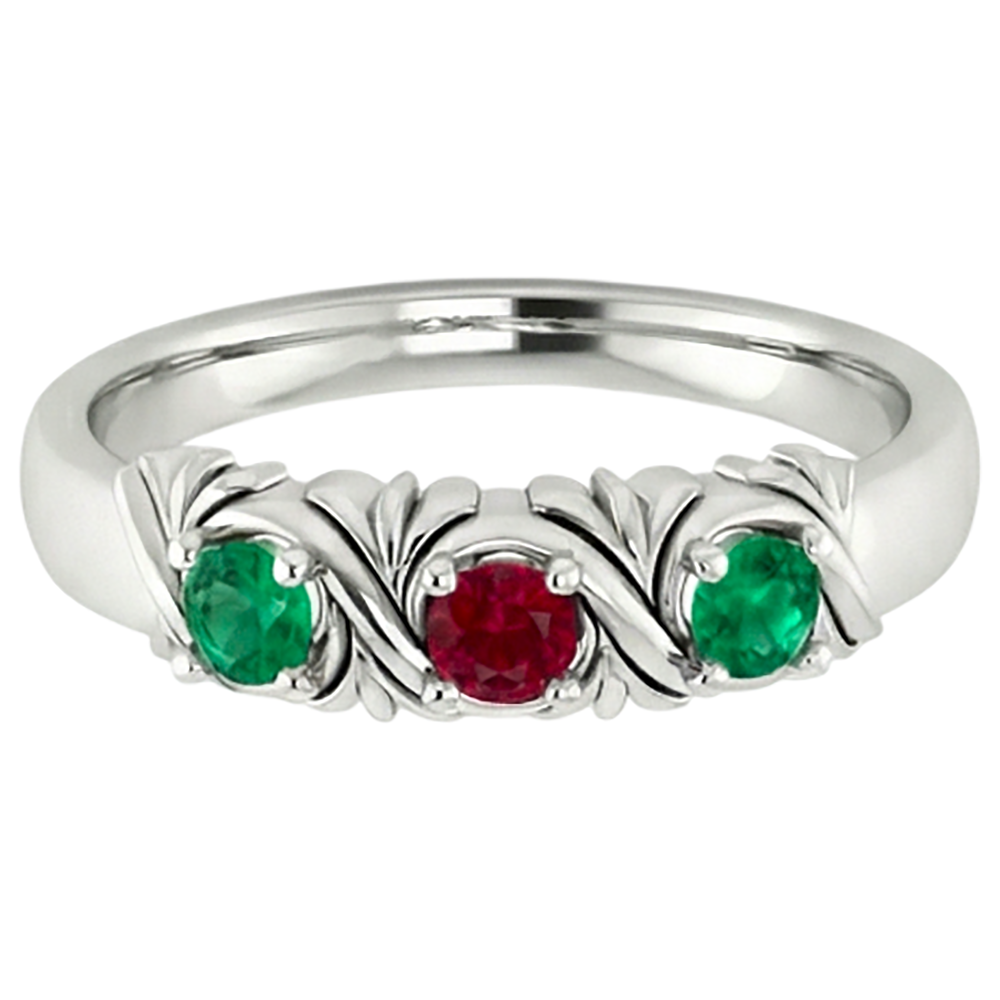 Bague 3 Pierres 0.60 Carats Style Antique Rubis Emeraude