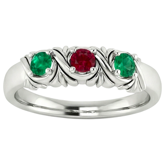Bague 3 Pierres 0.60 Carats Style Antique Rubis Emeraude