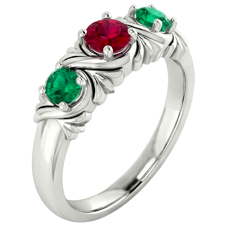 Bague 3 Pierres 0.60 Carats Style Antique Rubis Emeraude
