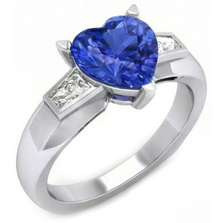 Bague 3 Pierres Baguette Diamant & Saphir Bleu En Forme De Coeur 2.75 Carats