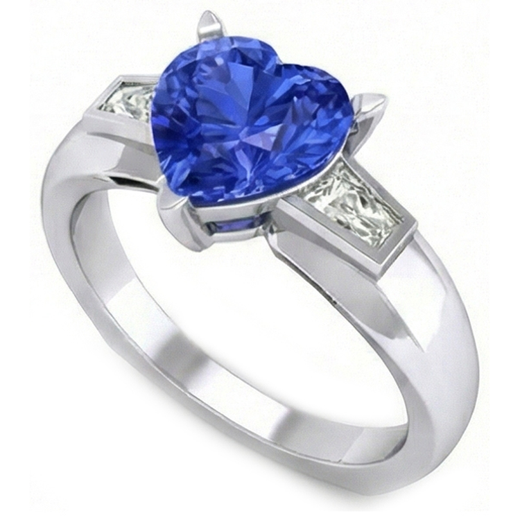 Bague 3 Pierres Baguette Diamant & Saphir Bleu En Forme De Coeur 2.75 Carats