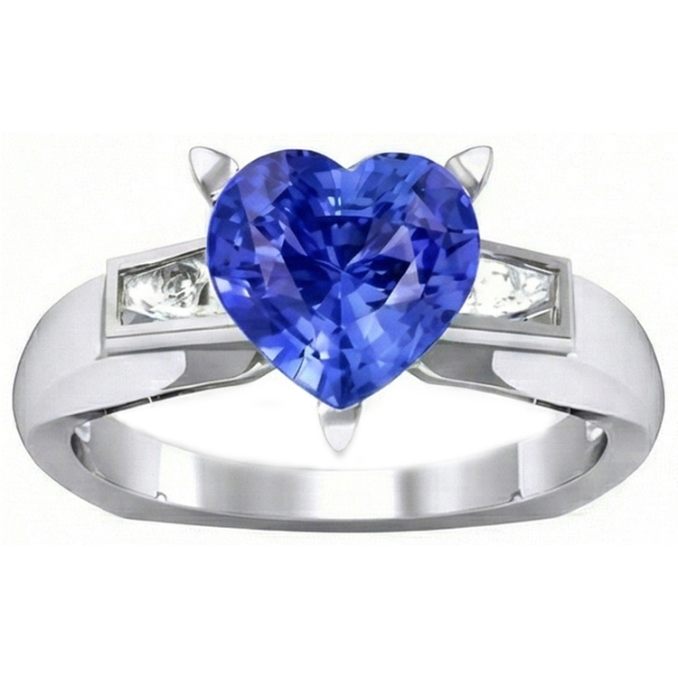 Bague 3 Pierres Baguette Diamant & Saphir Bleu En Forme De Coeur 2.75 Carats