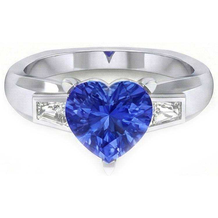 Bague 3 Pierres Baguette Diamant & Saphir Bleu En Forme De Coeur 2.75 Carats