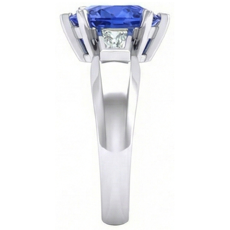 Bague 3 Pierres Baguette Diamant & Saphir Bleu En Forme De Coeur 2.75 Carats