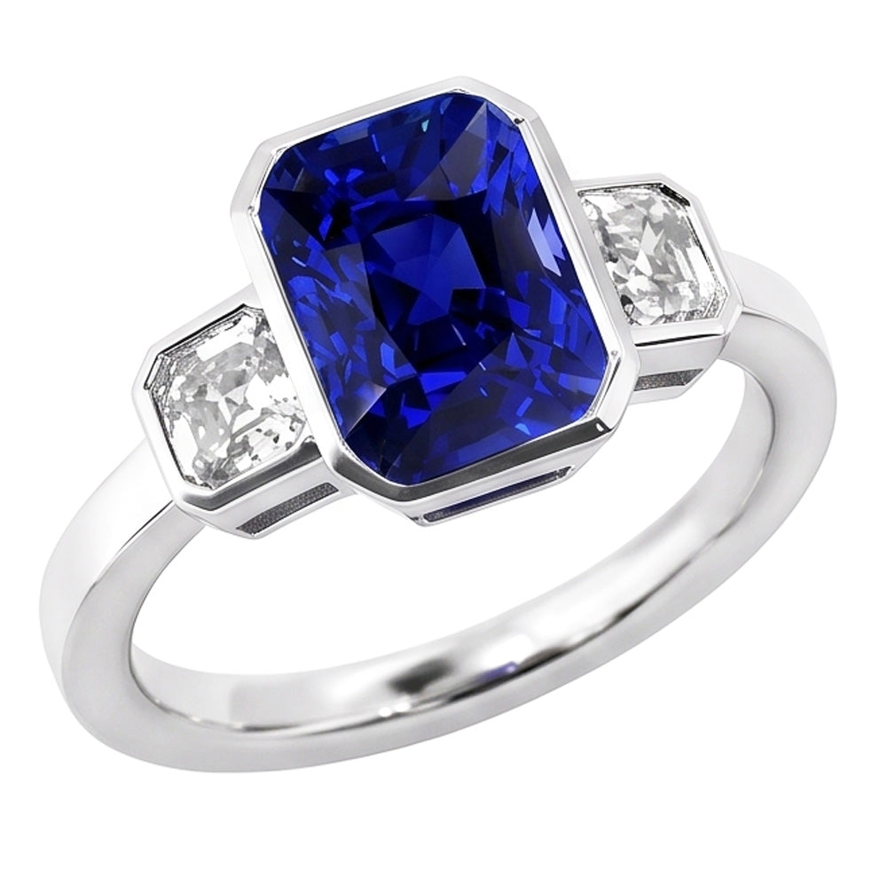 Bague 3 Pierres Coussin Lunette Saphir Bleu & Diamant Bague 3.50 Carats