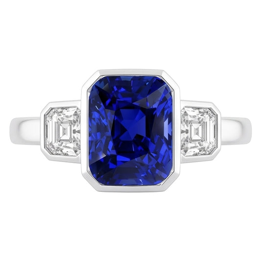 Bague 3 Pierres Coussin Lunette Saphir Bleu & Diamant Bague 3.50 Carats