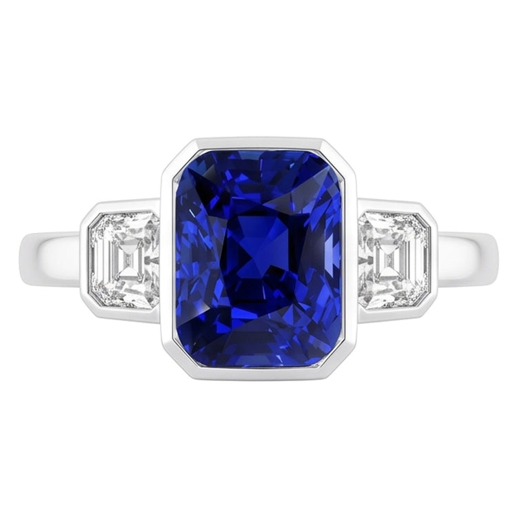Bague 3 Pierres Coussin Lunette Saphir Bleu & Diamant Bague 3.50 Carats