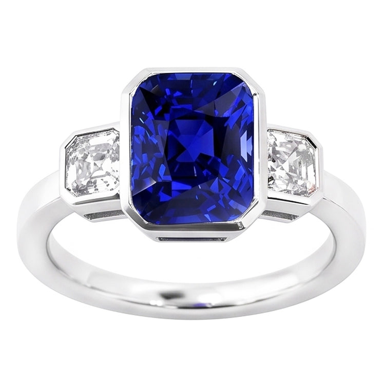 Bague 3 Pierres Coussin Lunette Saphir Bleu & Diamant Bague 3.50 Carats