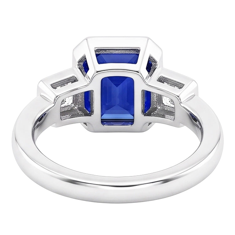 Bague 3 Pierres Coussin Lunette Saphir Bleu & Diamant Bague 3.50 Carats