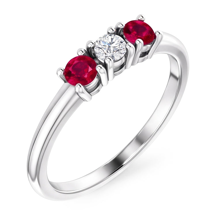 Bague 3 Pierres Diamant Naturels Extraits des Mines ( et non cultivés en laboratoire ) Rond Rubis 0.60 Carats Or Blanc 14K