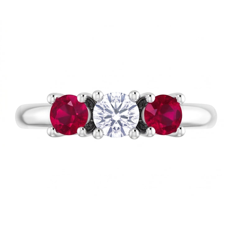 Bague 3 Pierres Diamant Naturels Extraits des Mines ( et non cultivés en laboratoire ) Rond Rubis 0.60 Carats Or Blanc 14K